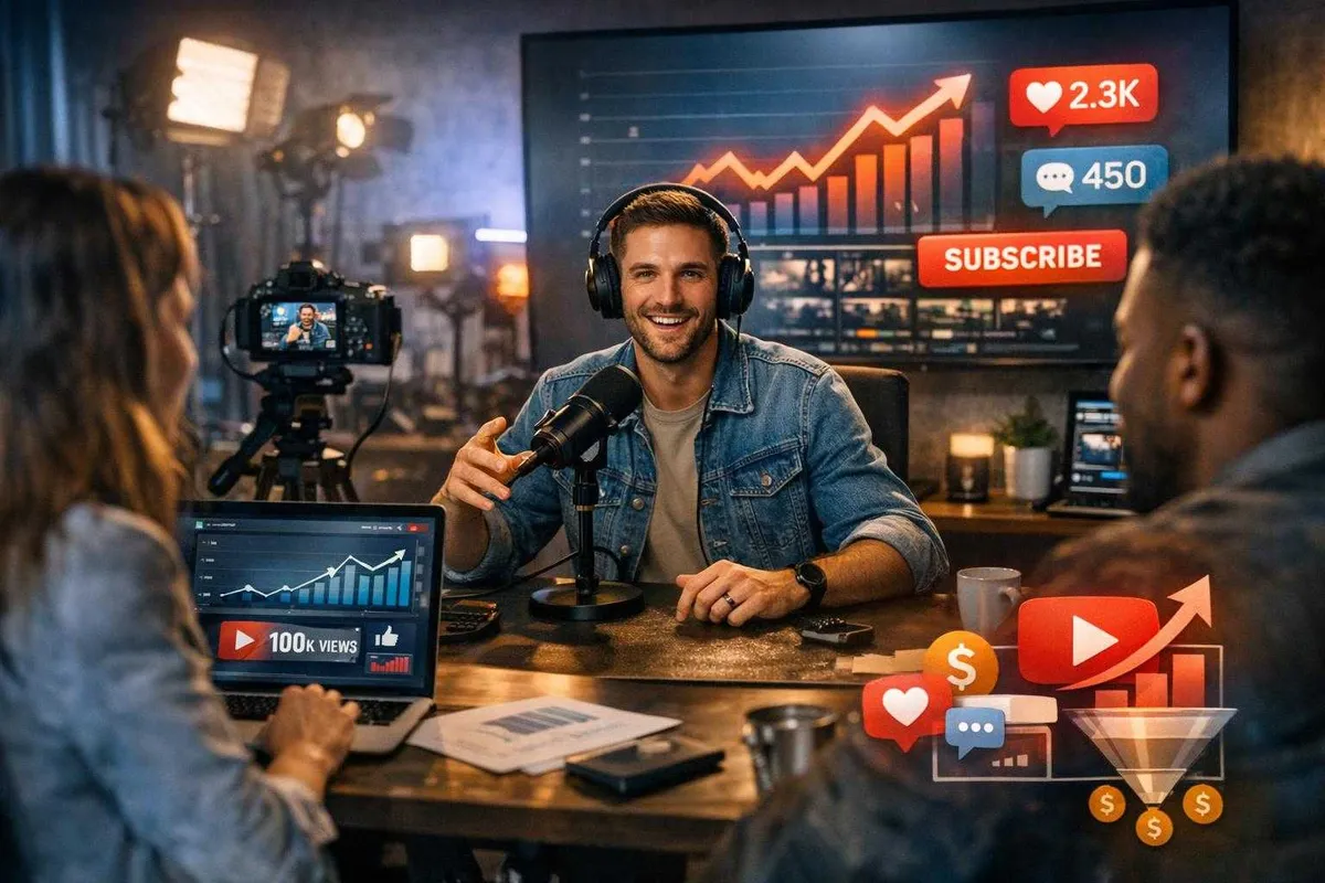 A vibrant digital content creation studio with three individuals engaged in scene: a smiling man at a desk with professional microphone, a woman typing on a laptop displaying growth metrics, and a partially visible person, all surrounded by screens, studio lights, and overlays representing social media engagement and monetization.
