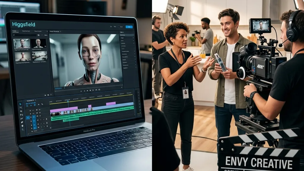 A split-screen comparison: on the left, a laptop screen displays the Higgsfield editing interface with a distorted digital character; on the right, a vibrant live-action set features a camera operator with a cinema camera and a director guiding an actor, showcasing the contrast between AI and professional human production.