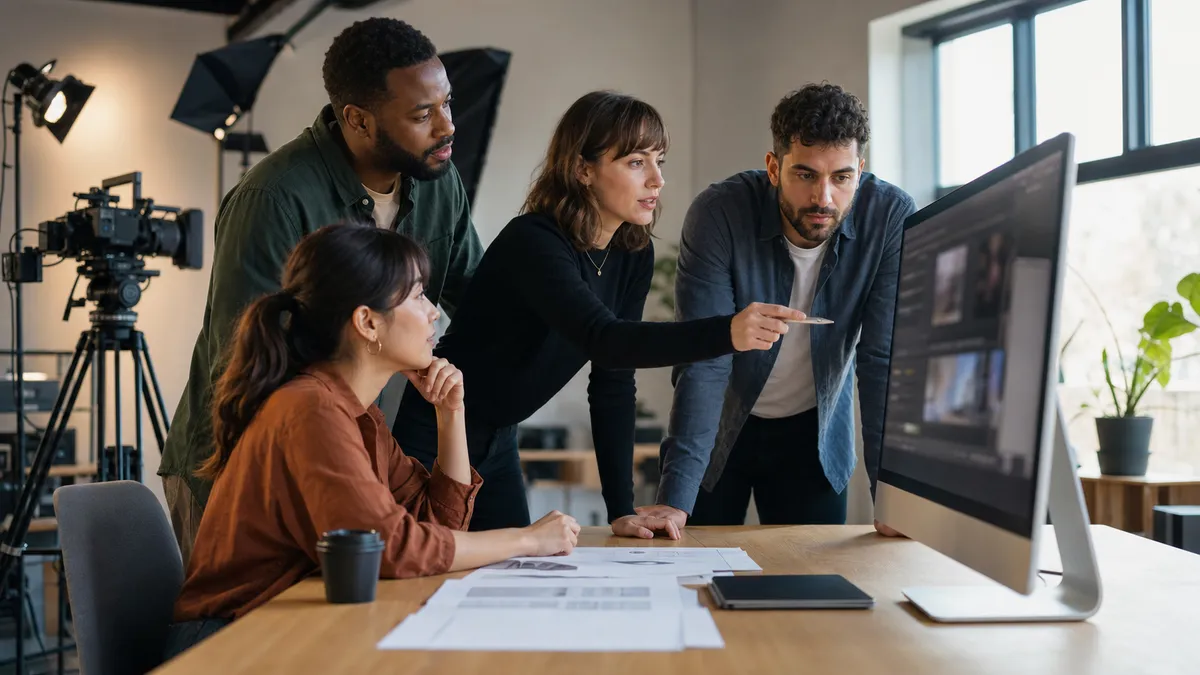 Diverse marketing team reviewing a video ad campaign in a modern production studio
