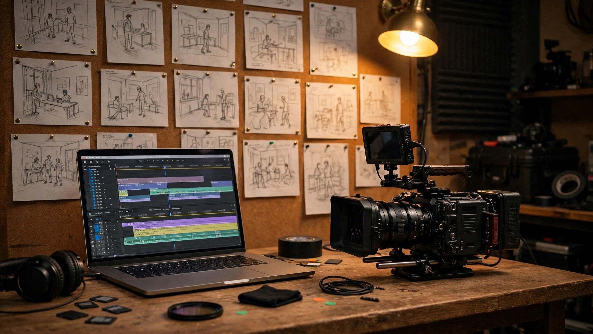 A creative director's desk with a camera, laptop showing a video timeline, and storyboards pinned on the wall behind it.