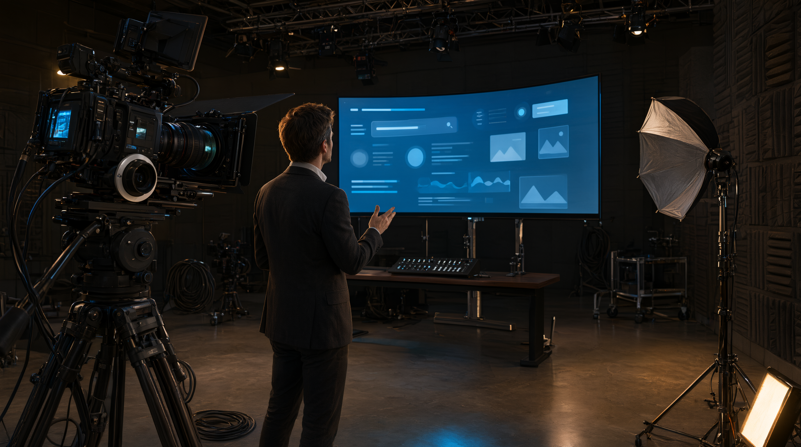 Cinema camera filming a presenter in a professional video studio in front of a glowing screen showing an abstract search interface.