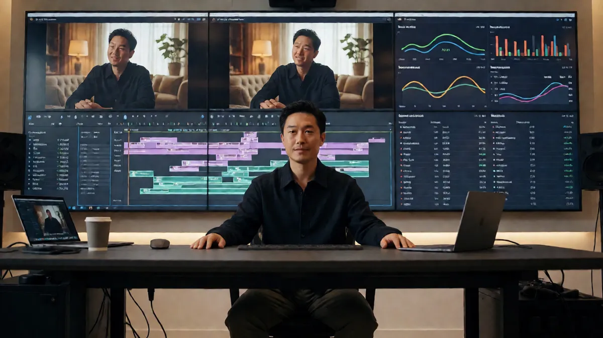 A commercial video producer at a desk in front of a wall of editing and analytics screens in a studio control room.