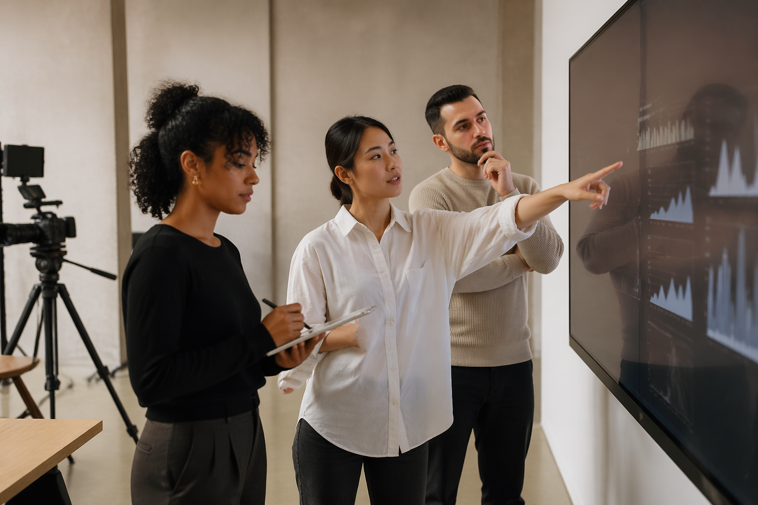 Diverse marketing team collaborating around a large display to review video analytics and search performance data in a bright modern production studio with a camera softly blurred in the background