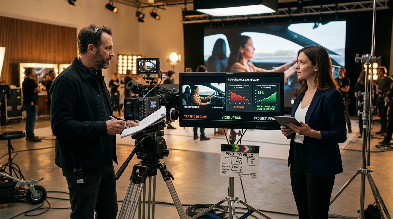 Envy Creative film director and marketing executive reviewing video campaign metrics on a production monitor in a sleek studio.