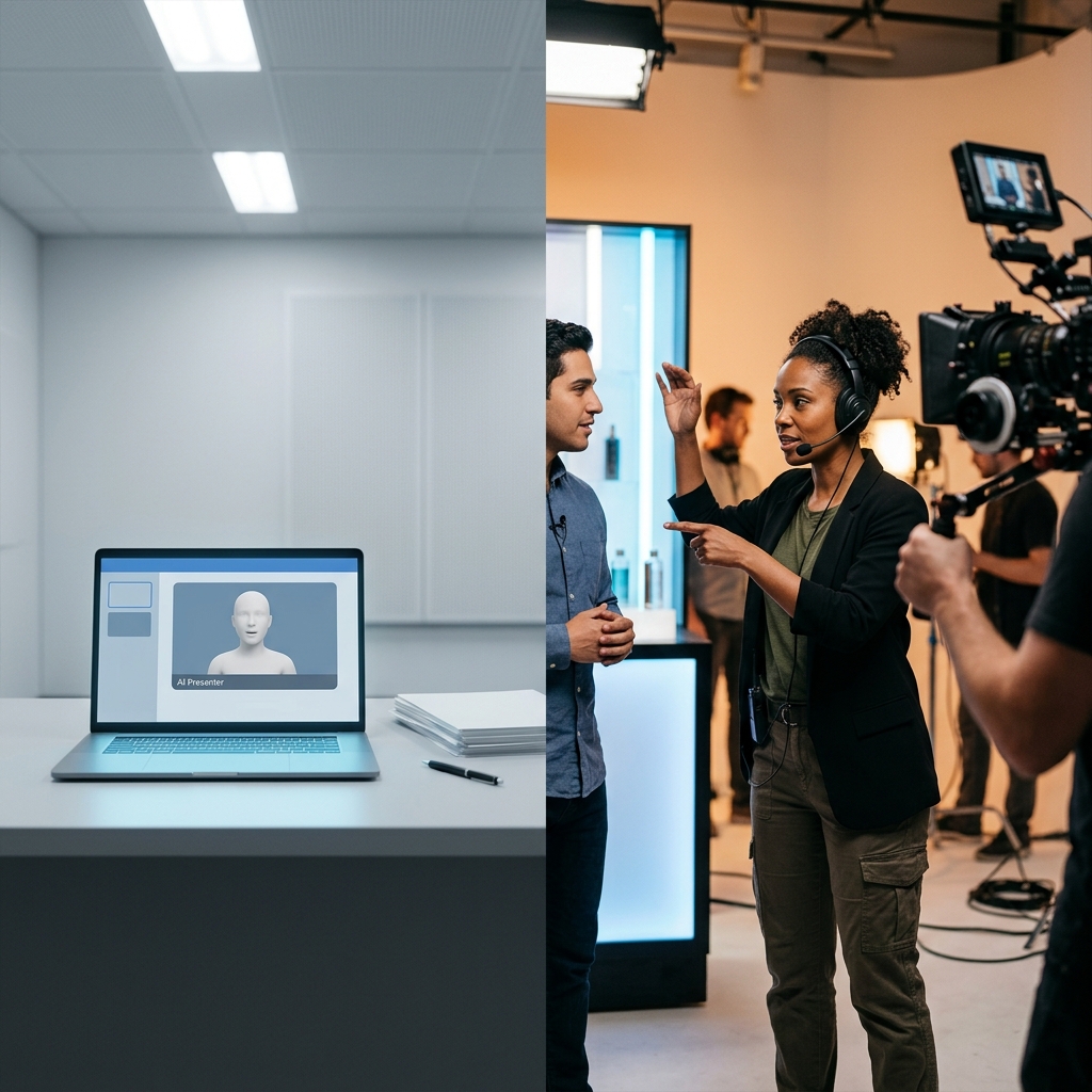 Black female director guiding Hispanic male talent on a professional video ad set, contrasted with an AI avatar interface on a laptop, illustrating the difference between HeyGen AI video and Envy Creative live production