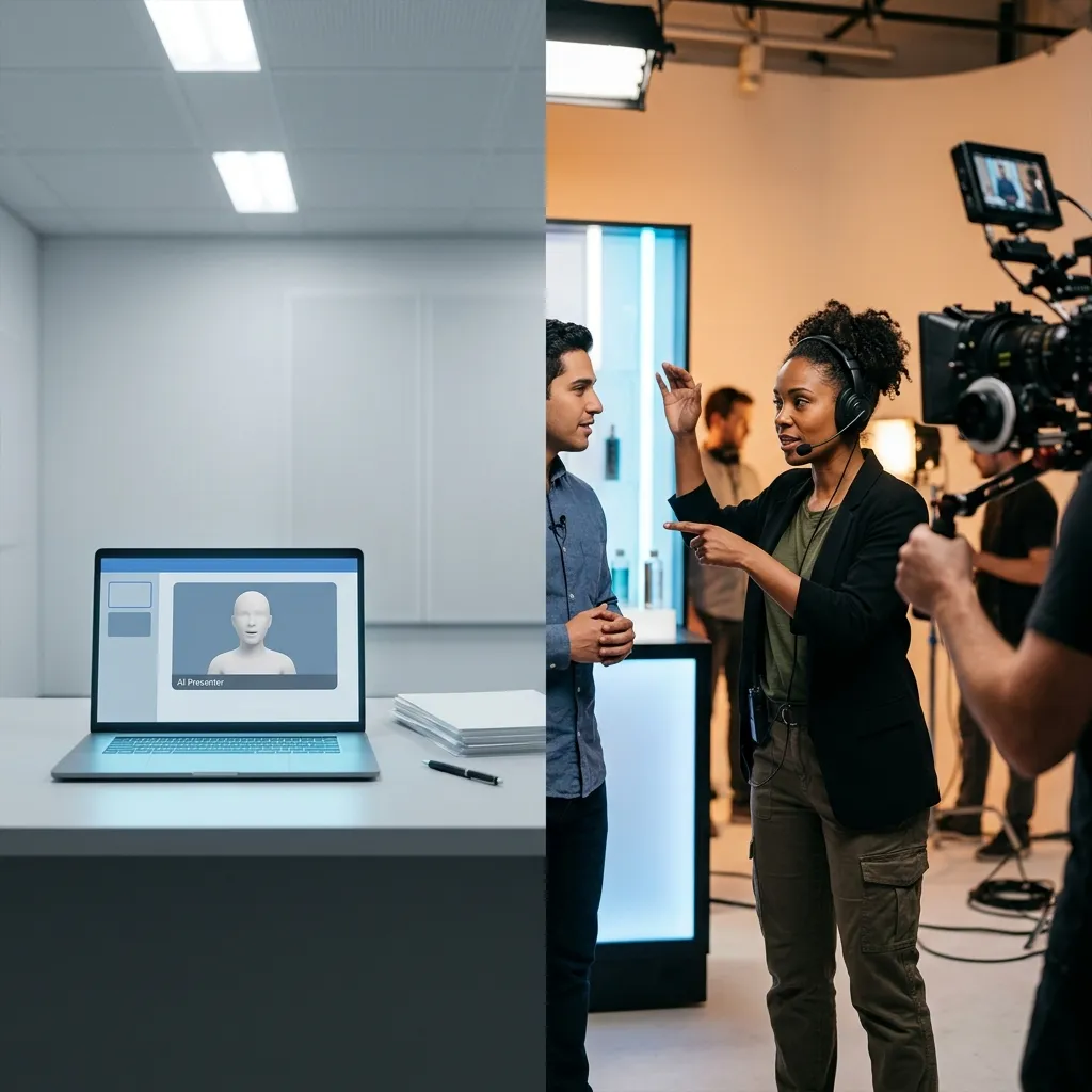 Black female director guiding Hispanic male talent on a professional video ad set, contrasted with an AI avatar interface on a laptop, illustrating the difference between HeyGen AI video and Envy Creative live production