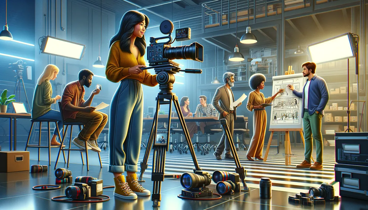 A dynamic scene in a modern studio with diverse individuals engaging in various activities. In the foreground, a woman operates a professional video camera on a tripod. Around her, camera lenses and equipment are neatly arranged on the floor. In the background, a team collaborates at a table, reviewing documents. A man and a woman discuss architectural plans displayed on an easel. The setting is well-lit, with bright studio lights hanging from the ceiling, creating an atmosphere of creativity and teamwork.