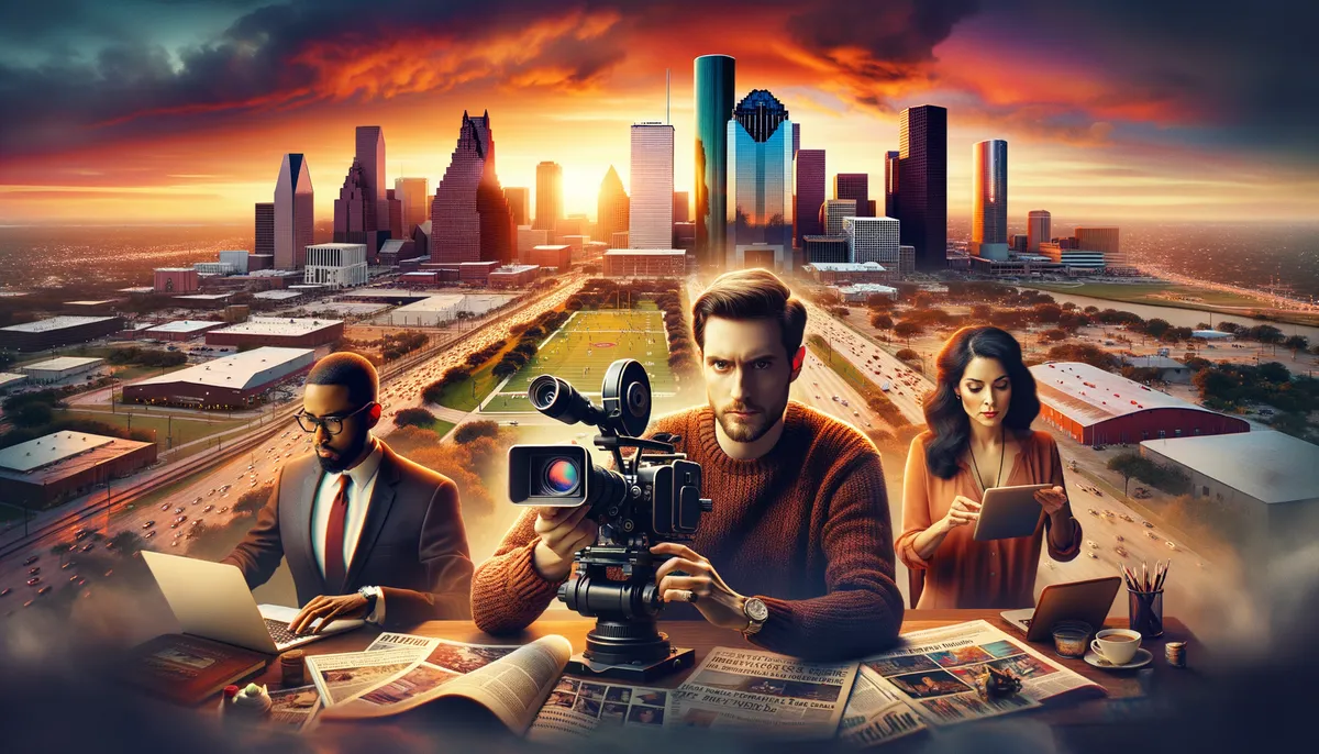 Create an engaging, high-quality, cinematic style image suitable for a blog header. Interpret Houston as a fascinating urban landscape, filled with distinctive architecture and sprawling green spaces under its vast, vibrant sunset sky. Visualize three photo-real individuals representing different occupations, such as a Caucasian filmmaker holding a vintage video camera, a Hispanic market research analyst studying audience reactions on a portable device, and a Black advertising professional planning her strategies on a laptop. None of the people are looking directly into the camera. Please note that the image should not contain any text or logos.