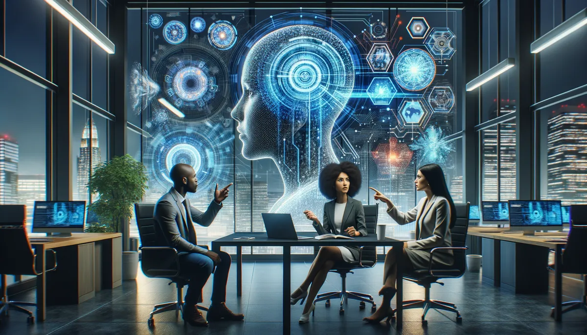 A futuristic office setting with three professionals engaged in discussion around a table. They are surrounded by holographic displays featuring digital and technological graphics, including a large, glowing image of a human head and various data patterns. The background shows a cityscape at night through large windows.