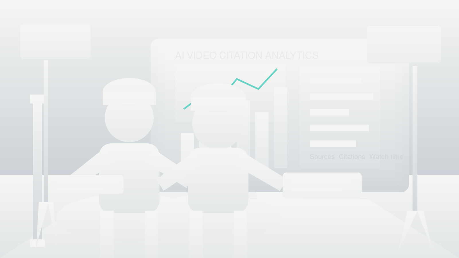 Creative director and marketing executive in a studio reviewing AI video citation analytics on a large monitor.