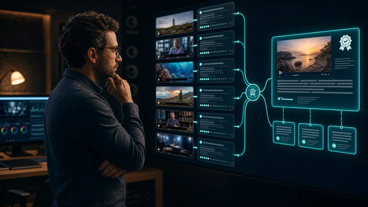 Marketing strategist evaluating multiple video sources as an AI search system selects a trusted video to cite.