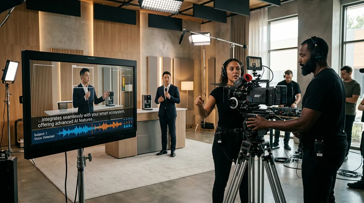 A cinematic video production set with a crew filming a presenter, shown alongside an AI monitoring screen displaying real-time transcription and analysis.