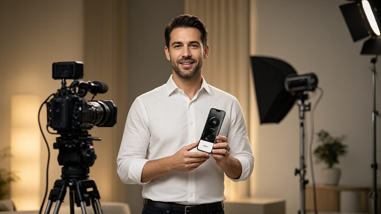 A presenter holding a product on a video production set with cameras and studio lighting.