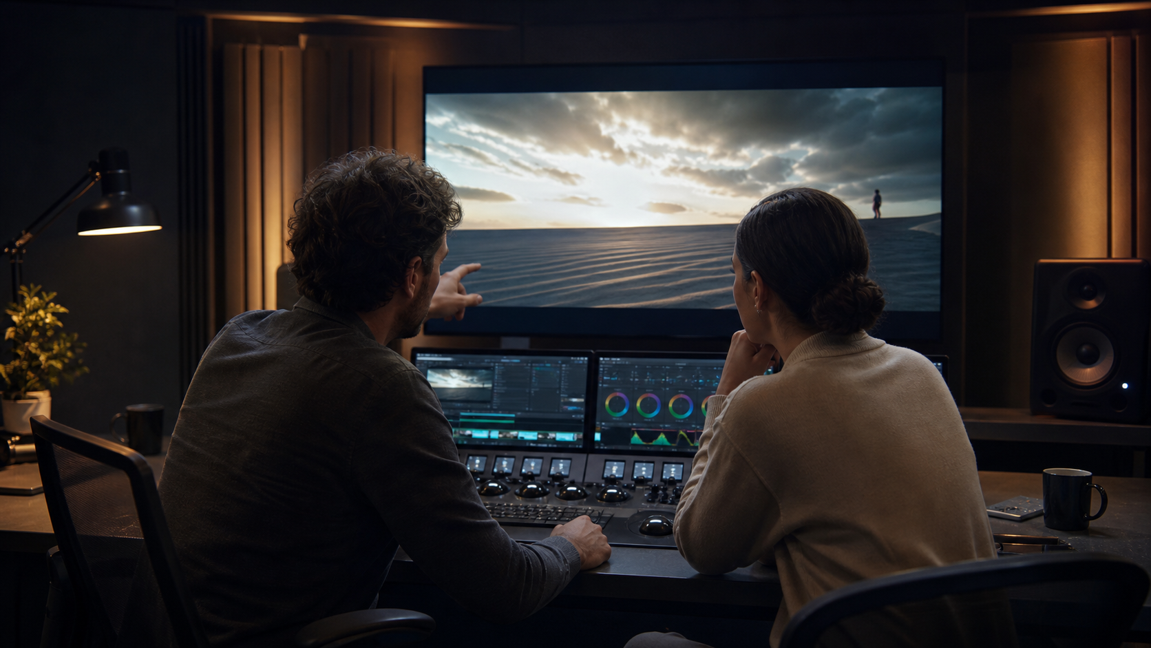 Director and marketing lead reviewing a brand video source in a cinematic editing suite