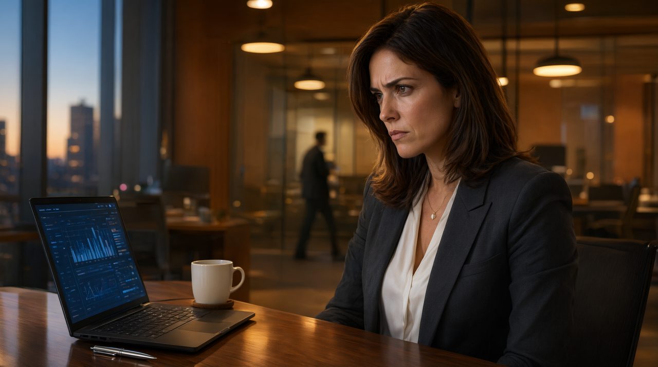 A marketing director looking skeptical at video marketing statistics on a laptop screen in a warmly lit modern office.