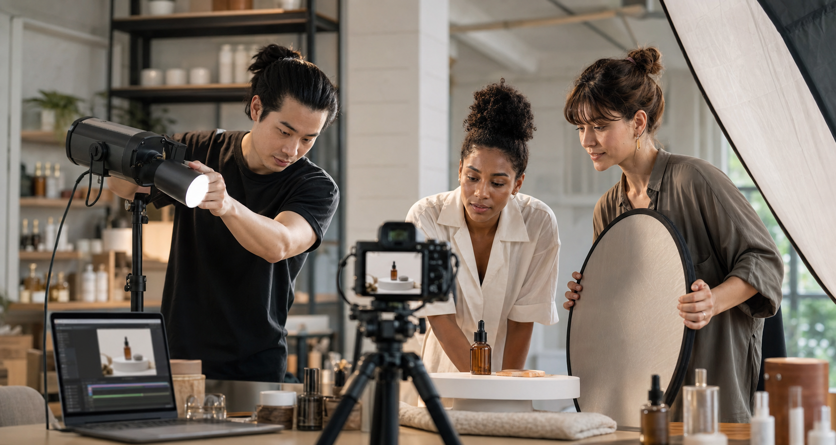 Creative team filming a skincare product in a modern ecommerce studio