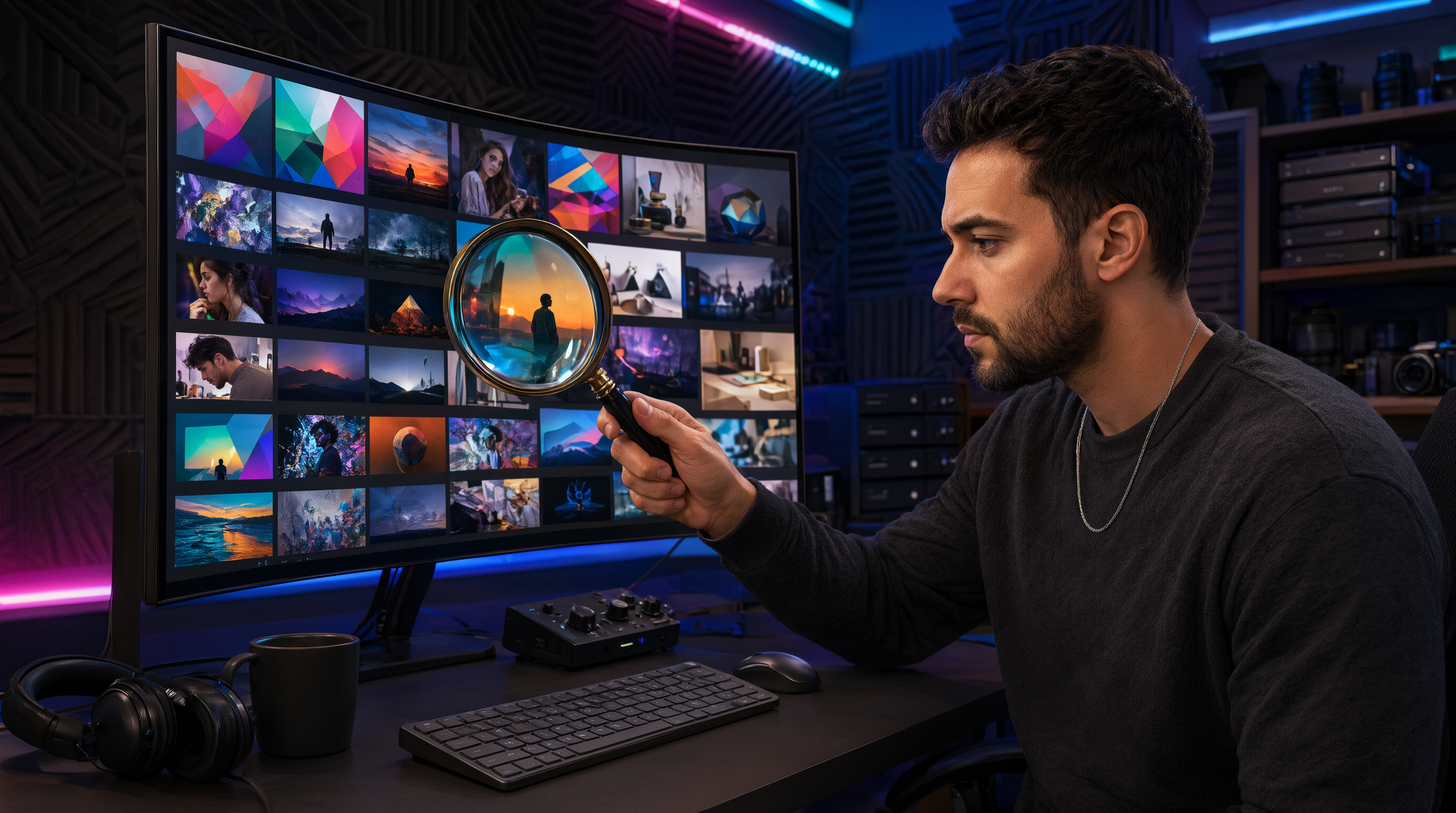 A video editor holding a magnifying glass over a monitor showing a grid of brand video thumbnails during an SEO audit.