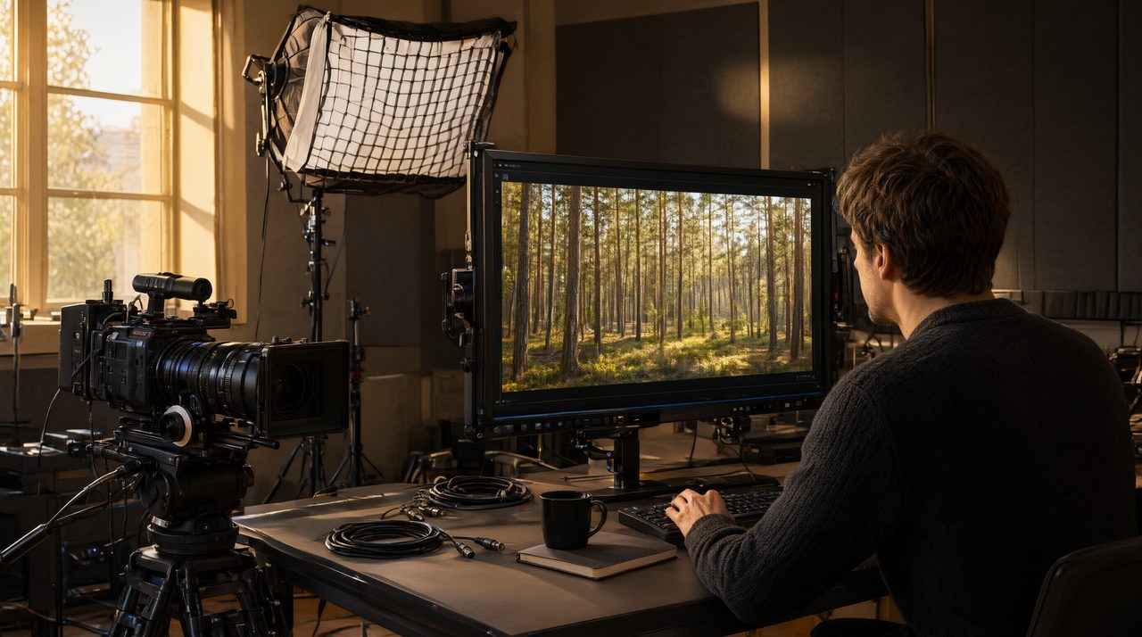 A director reviewing video clips on a large monitor in a professional production studio.