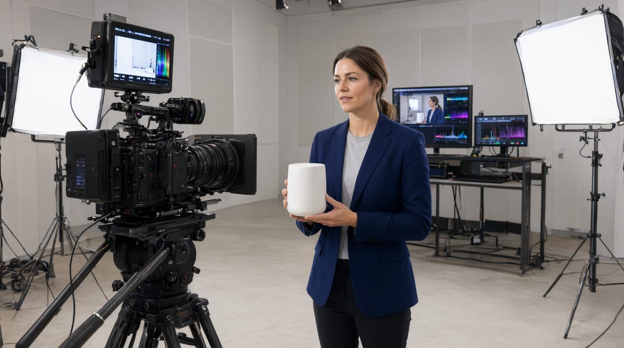 A presenter holding a white product on a professional video studio set with a cinema camera and lighting.