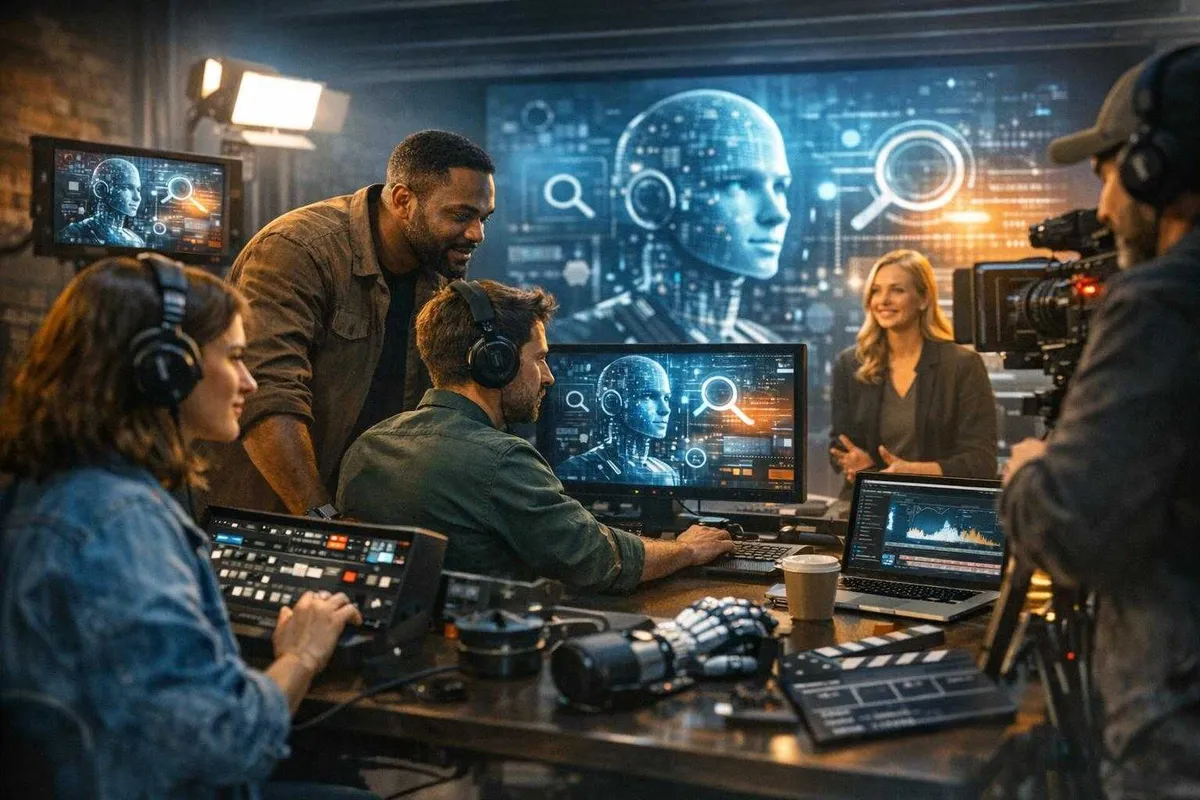 A busy AI and video production control room featuring a digital human head on multiple screens, with operators, a robotic arm, professional equipment, and studio lighting, highlighting advanced technology and multimedia collaboration.