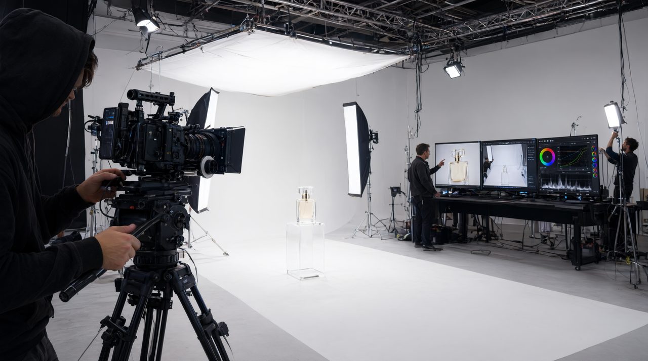 A camera crew filming a product commercial in a bright studio while editors review cuts on monitors.
