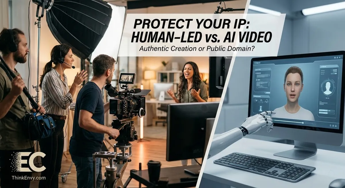 A split-screen graphic comparing human video production to AI generation. The left side features a professional film crew operating a camera, boom mic, and lighting to film a live actress in a studio. The right side shows a robotic arm pointing at a computer monitor that displays a synthetic digital avatar. Central text reads PROTECT YOUR IP: HUMAN-LED vs. AI VIDEO, Authentic Creation or Public Domain? The Envy Creative logo and  - https://thinkenvy.com -  are in the bottom left corner.