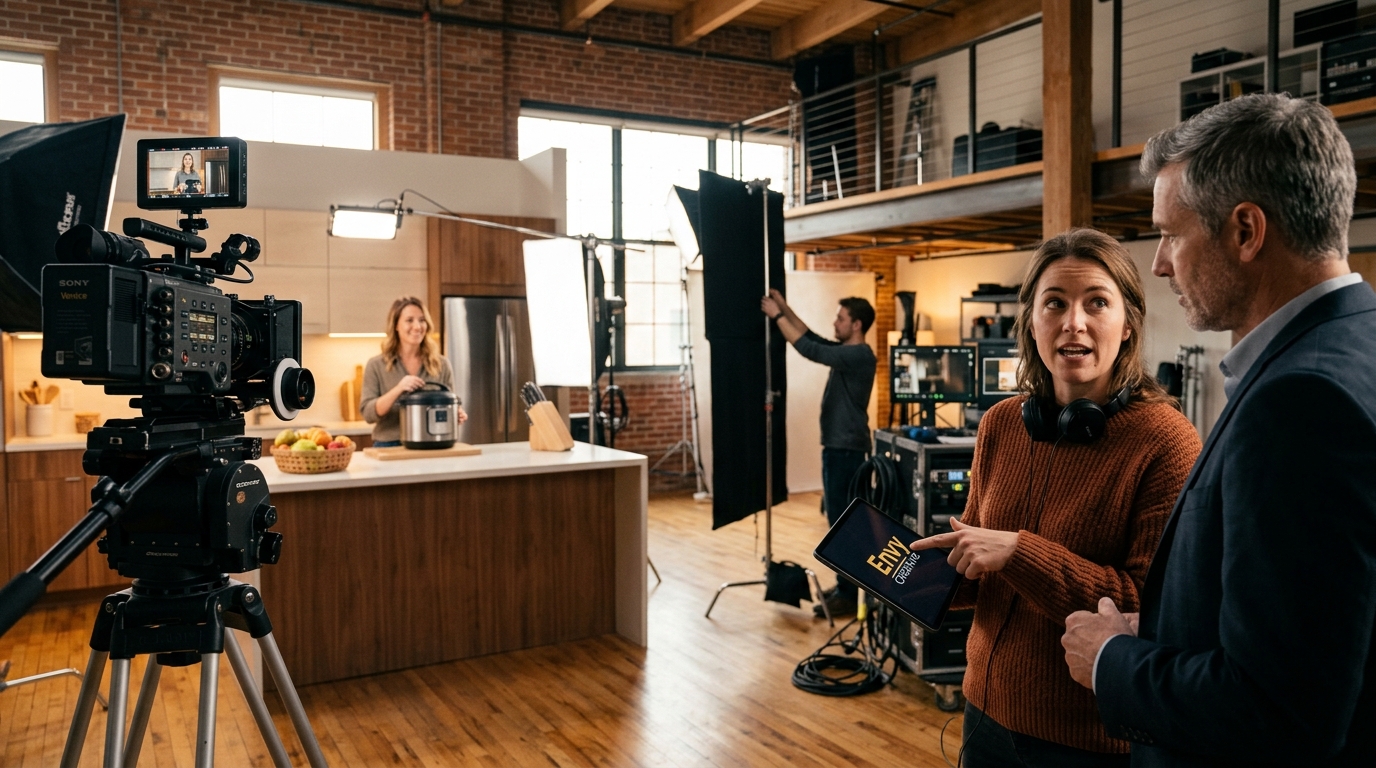 A professional video production studio setup with a creative director presenting a concept on a tablet featuring the Envy Creative logo to a business client, while a cinema camera captures a product demo in the background.