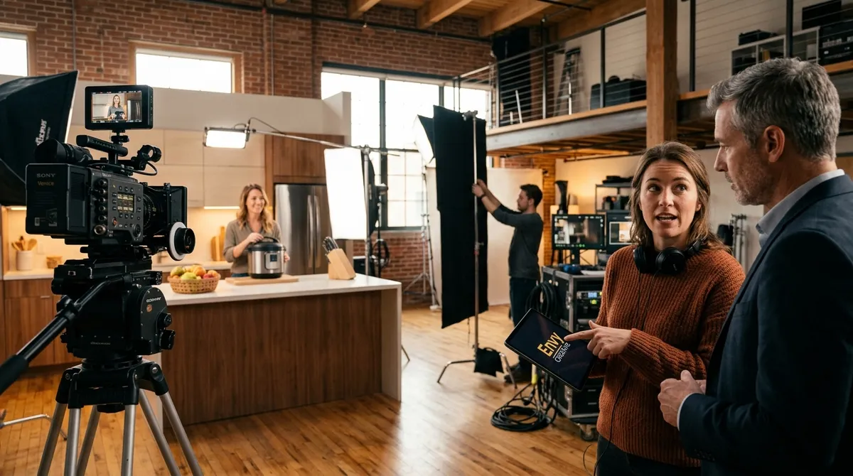 A professional video production studio setup with a creative director presenting a concept on a tablet featuring the Envy Creative logo to a business client, while a cinema camera captures a product demo in the background.
