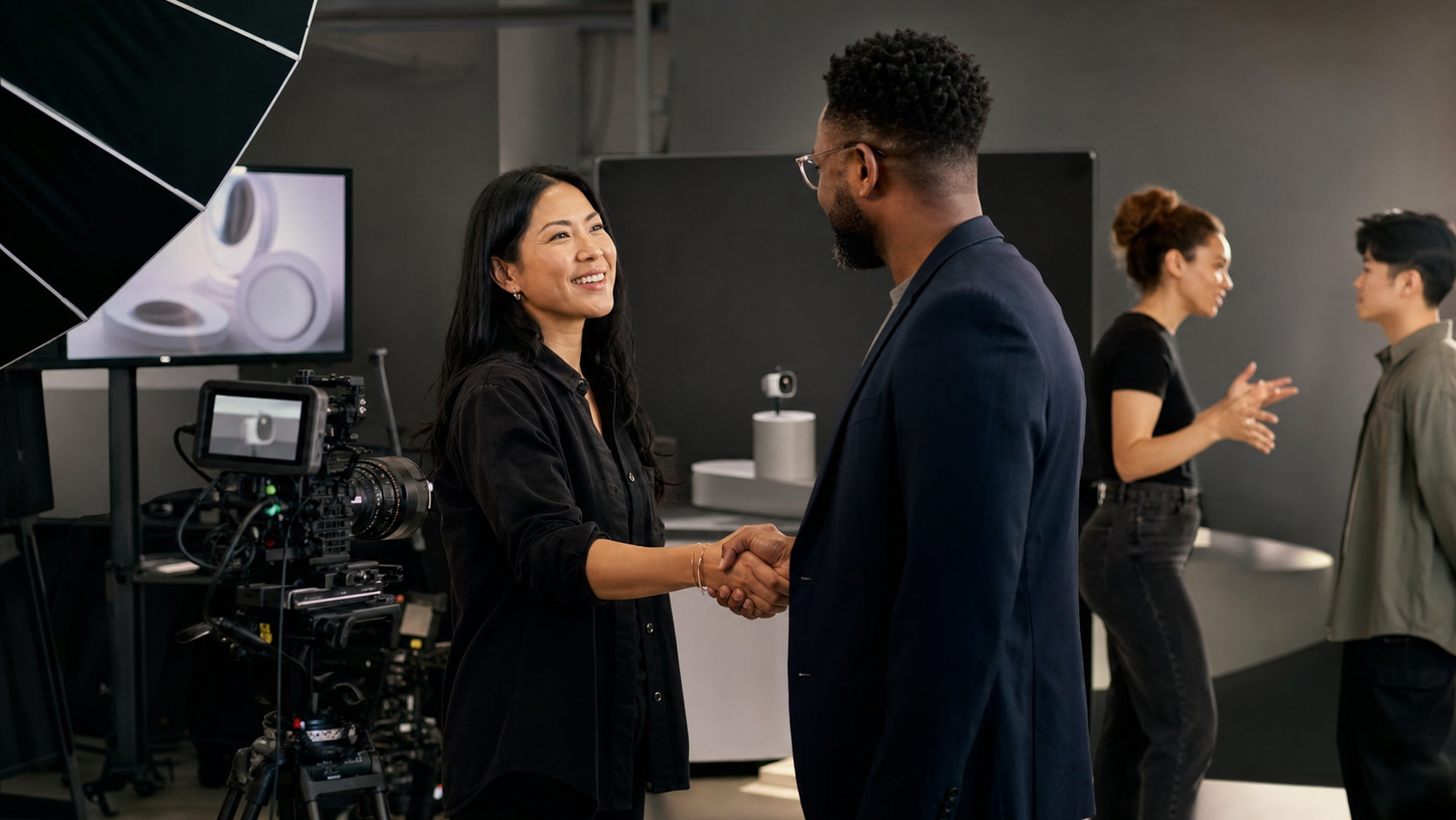 Creative director shaking hands with a business marketer on a product video set