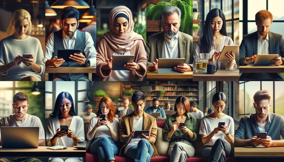 A collage of diverse people sitting in various modern settings, each focused on their smartphones or tablets. They are in cafes and libraries, surrounded by books and natural light from large windows. The individuals are of different ages and wearing casual to business attire, creating a vibrant and contemporary atmosphere.