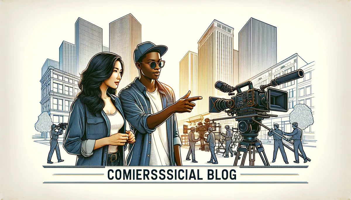 Create a cinematic, high-quality featured image for a professional blog. The central subjects should be two film production experts, one South Asian woman, and one Black man, in deep discussion, pointing towards a state-of-the-art filming set. They are outlined in a location that resembles the trendy, urban atmosphere of Downtown Los Angeles. The style of the image should be visually engaging, sleek, and without any text or logos, fit for a dynamic blog header showcasing the vibrant, urban scenarios of LA commercial video production.