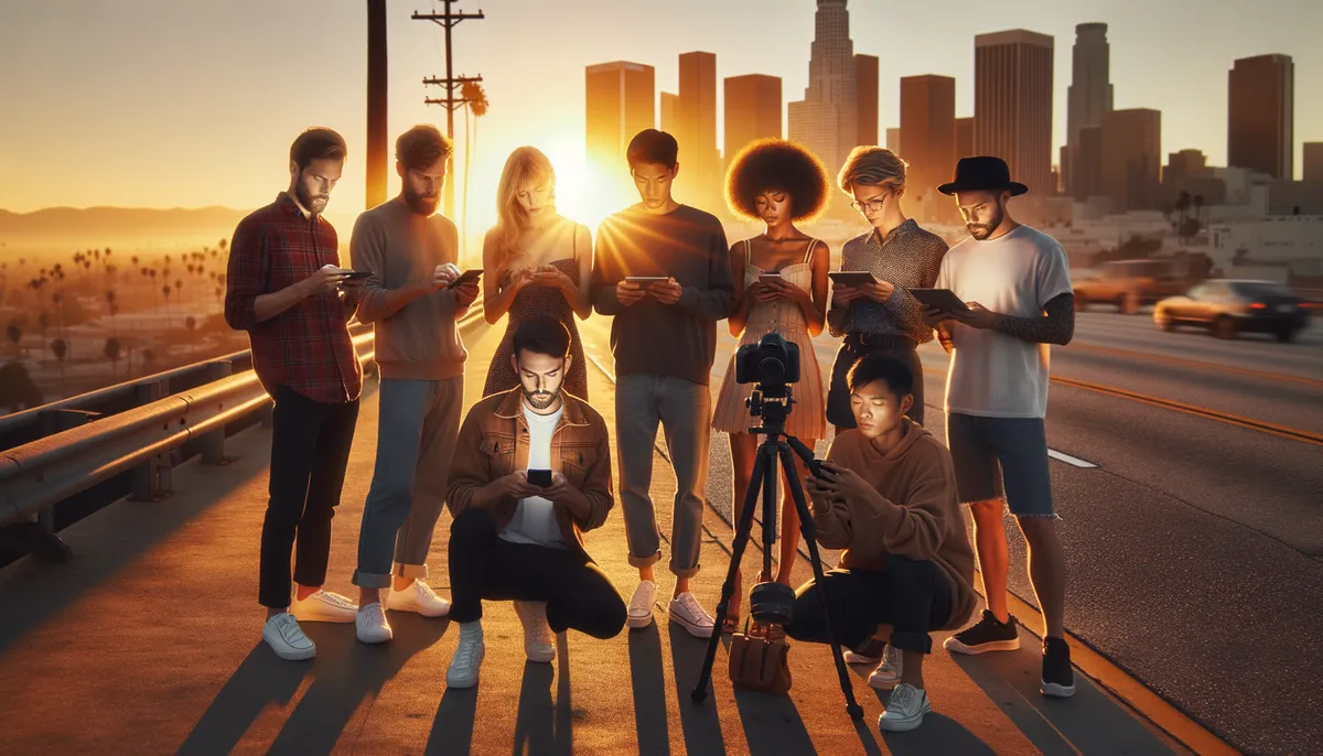 Create a cinematic and high-quality image suitable for a blog header, featuring photo-real individuals of mixed descent and genders who appear to be in the process of creating content. The setting should be synthetic, illuminated by the golden hour sunlight, intended to represent the vibe of Los Angeles, synonymous with social media activities. Be sure to imbue it with a unique, visual style, engaging the viewer, but remember to exclude any text or logos from the composition.