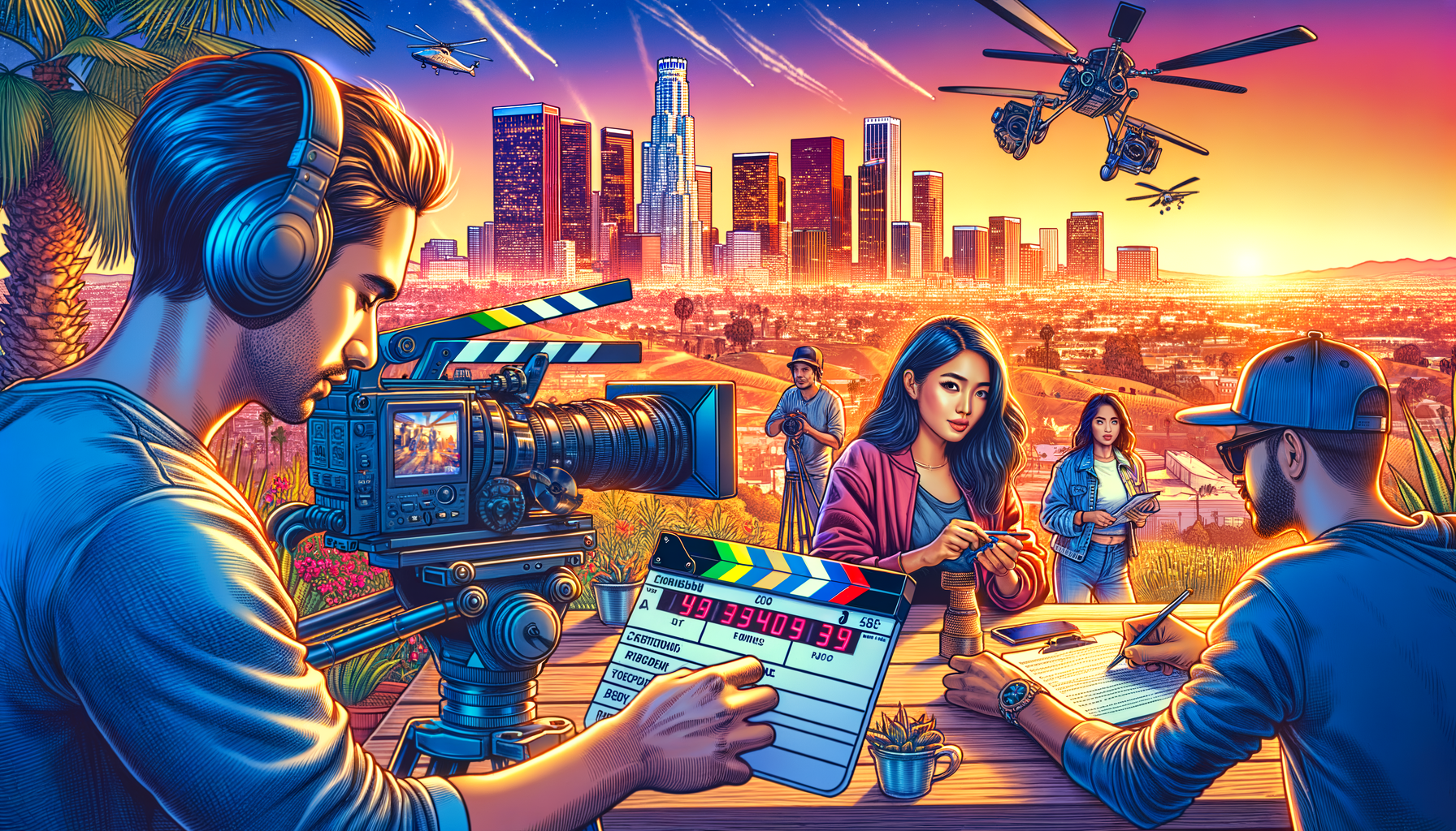 Draw a vibrant and striking cinematic scene set in a brimming location in Los Angeles. Picture a Middle-Eastern woman working diligently behind a camera, capturing the urban lifestyle of LA. To her side, a Hispanic man is holding a clapperboard, prepared to sync the footage. In the distance, spot a South Asian woman showcasing a stunning product against the backdrop of the iconic LA skyline during sunset. The atmosphere radiates the lively pulse and magnetic charisma of the entertainment capital of the world. Do not include text or logos in the scene.