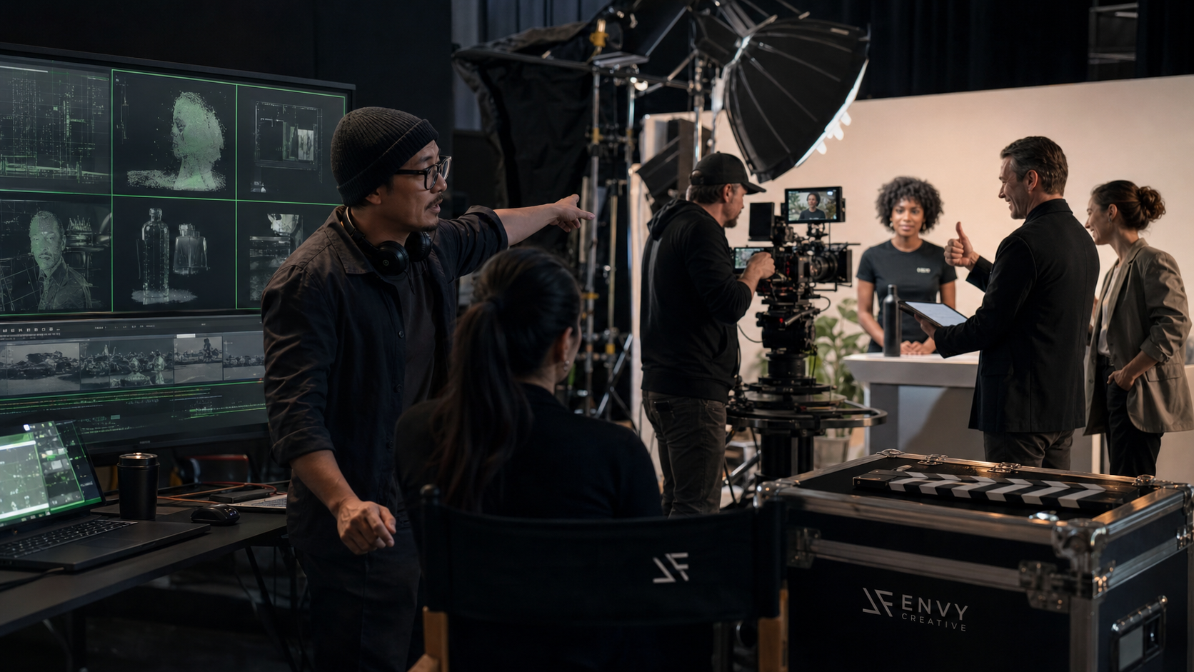 Envy Creative production team guiding a client from an unfinished AI video workstation toward a polished live product video set.