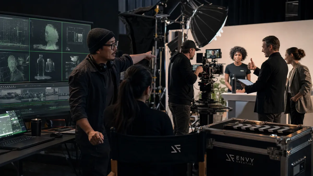 Envy Creative production team guiding a client from an unfinished AI video workstation toward a polished live product video set.