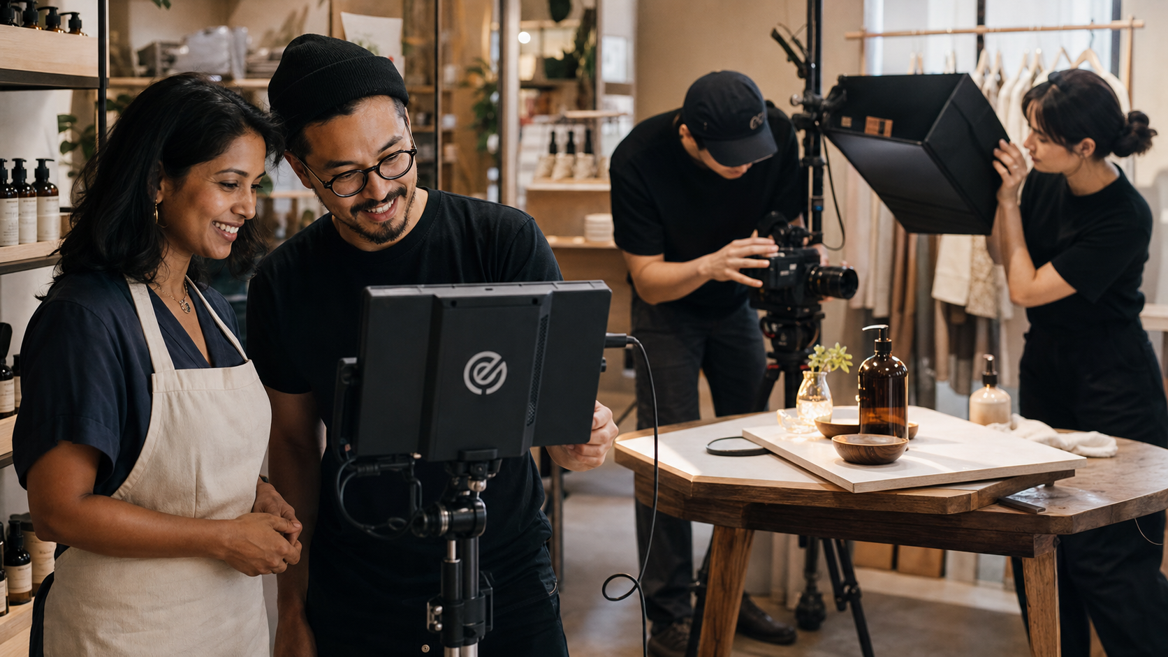 Local business owner reviewing product footage with a lean Envy Creative video crew