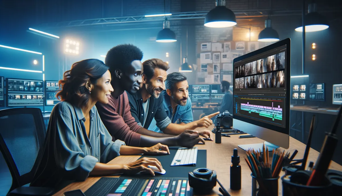 Create a professional, high-quality, cinematic blog featured image. The scene should depict a diverse group of three individuals: a Caucasian woman, a Black man, and a Hispanic man. They are collaboratively analyzing footage on a large screen monitor, in a high-tech video editing suite, presumably in Los Angeles. There are hints that suggest they are part of a video marketing team: storyboards on a wall, high-end video equipment, and intricate lights set up. They display engagement and enthusiasm towards their work. No text or logos are present in the image.