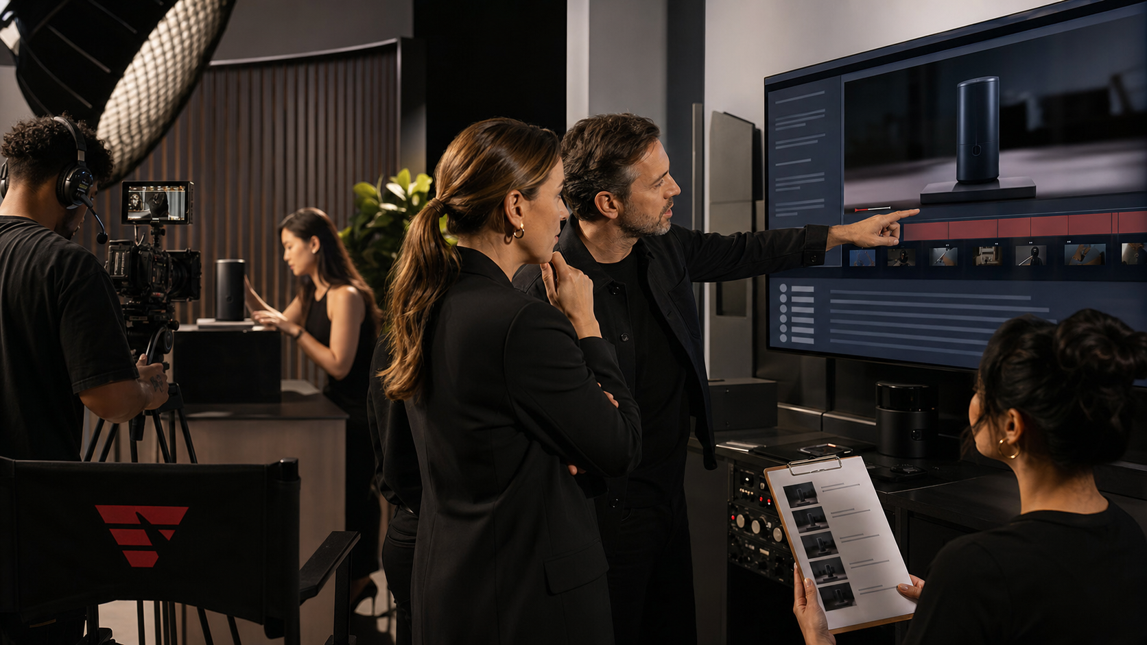 Creative director and marketing leader reviewing AI-search-ready video chapters in a premium production studio