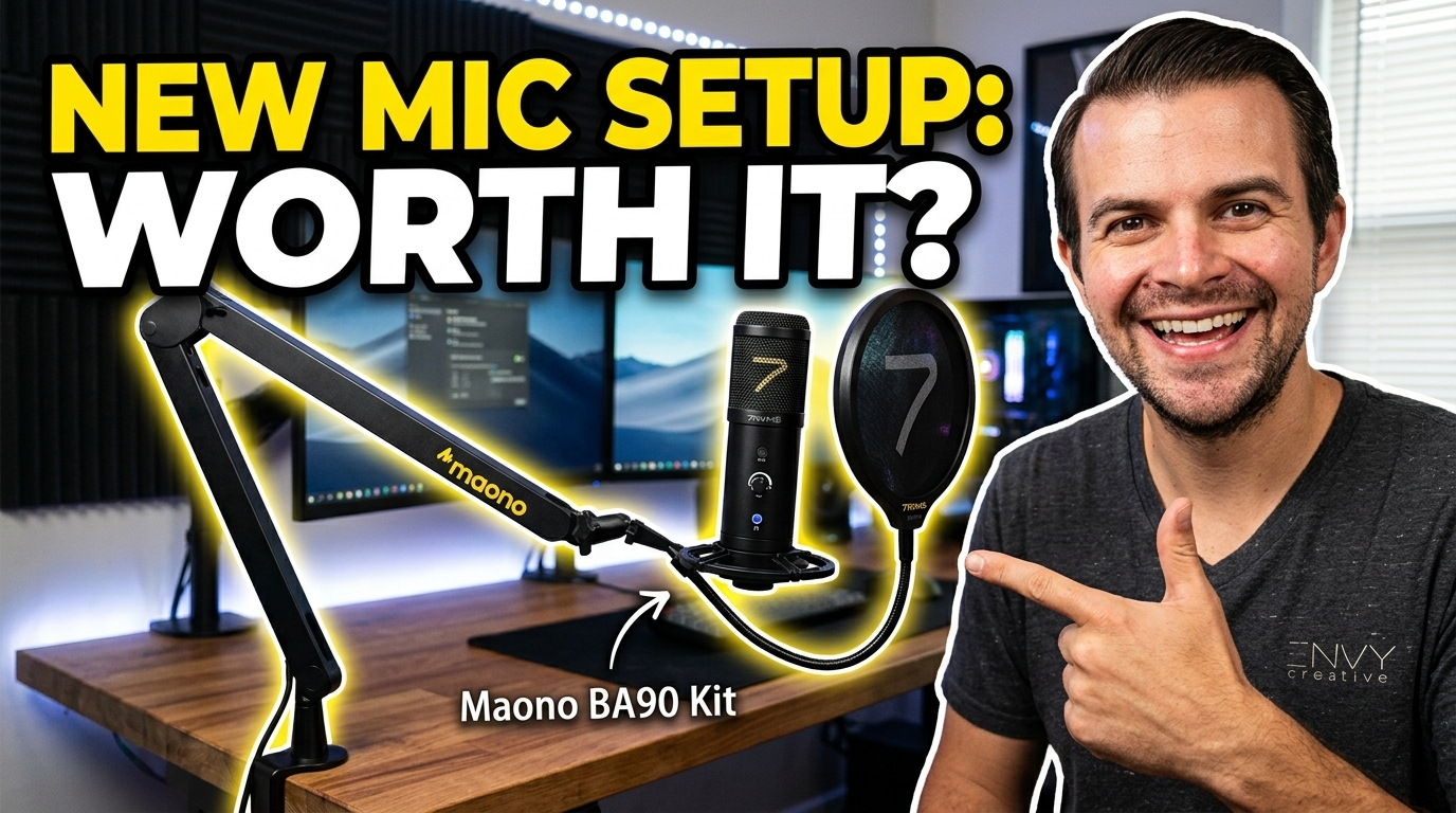Maono BA90 Kit microphone and boom arm on a creator desk with a new mic setup worth it thumbnail
