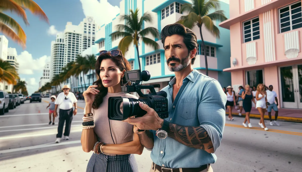 Create a professional, cinematic image appropriate for a blog header. Display a scene showing a middle-aged, Middle-Eastern man and a Hispanic woman in their early thirties, actively involved in shooting a video on a busy Miami street. Show the woman holding a sophisticated video recording device and the man acting in front of the camera. The setting should be the renowned Art Deco Historic District in Miami, with pastel colored buildings and palm trees. The atmosphere should be dynamic, with a clear sunny day and people around them, portraying a busy day of video production. There should be no text or logos in the image.