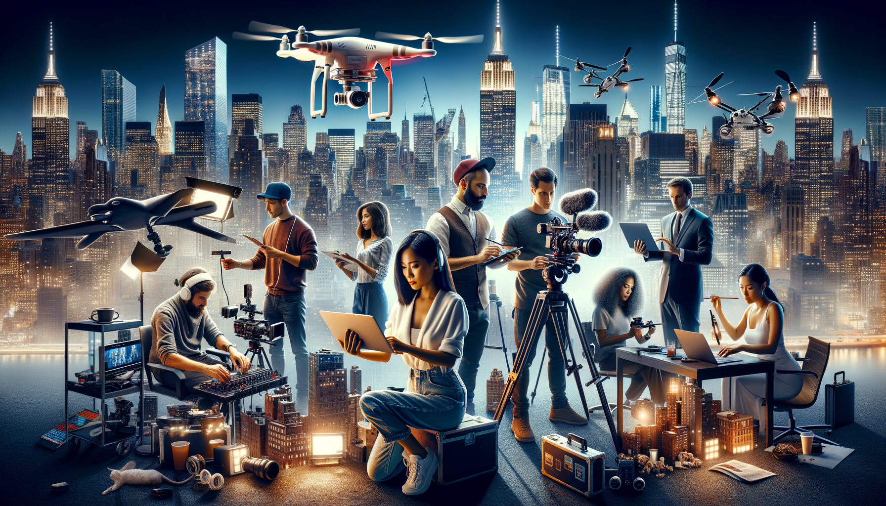 Render a highly professional and cinematic image  that captures the essence of New York City video marketing scene. The image should feature a diverse group of individuals portraying creative professionals, engaged in various video marketing activities. Include a South Asian woman operating a drone camera, a black man directing action with a clapboard, a Hispanic man adjusting lighting equipment, and a Caucasian woman editing video on a laptop. The backdrop should suggest the iconic New York cityscape, filled with skyscrapers teaming with lights and energy, representing the bustling Big Apple. The image must clearly portray the city that never sleeps - alive, energetic and conceived in detail. No text or logos are to be present in the image.