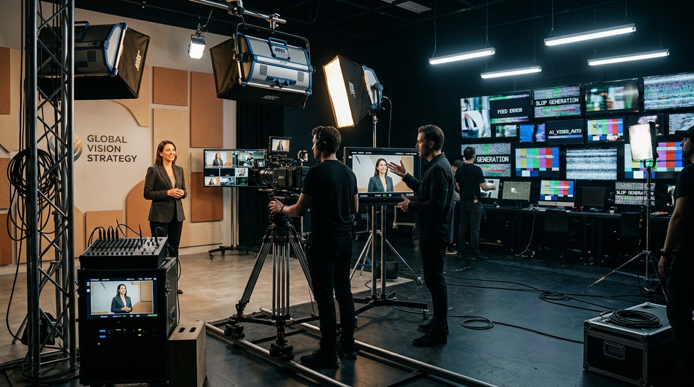 Cinematic studio setup with a director and camera operator filming an executive speaker against high-end lighting and studio equipment.