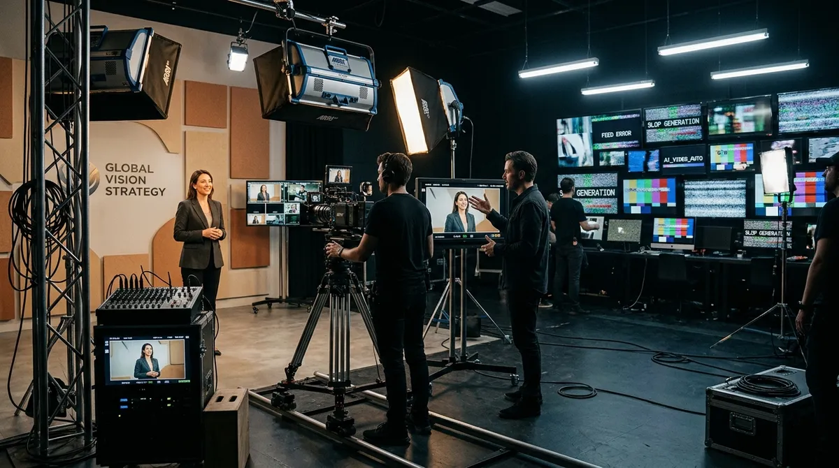 Cinematic studio setup with a director and camera operator filming an executive speaker against high-end lighting and studio equipment.