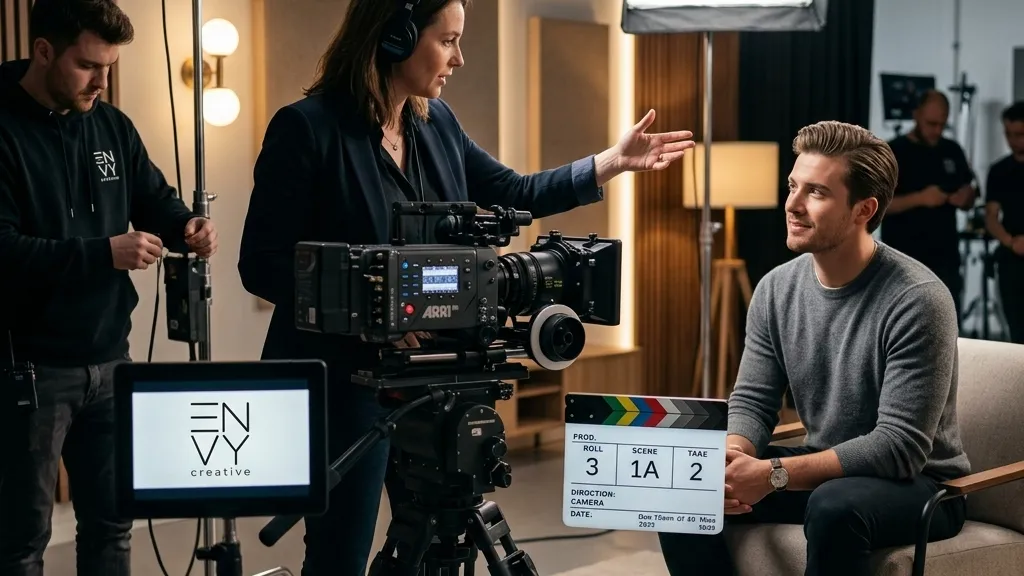A professional female director guiding a male actor on a brightly lit, polished interview set with a high-end cinema camera, featuring a digital slate displaying the Envy Creative logo in a clean, cinematic composition.