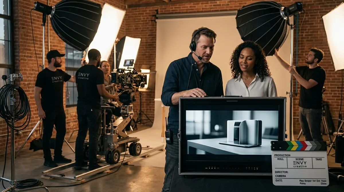 A professional film director and a corporate client collaborating on a B2B video production set, reviewing premium video footage on a production monitor.