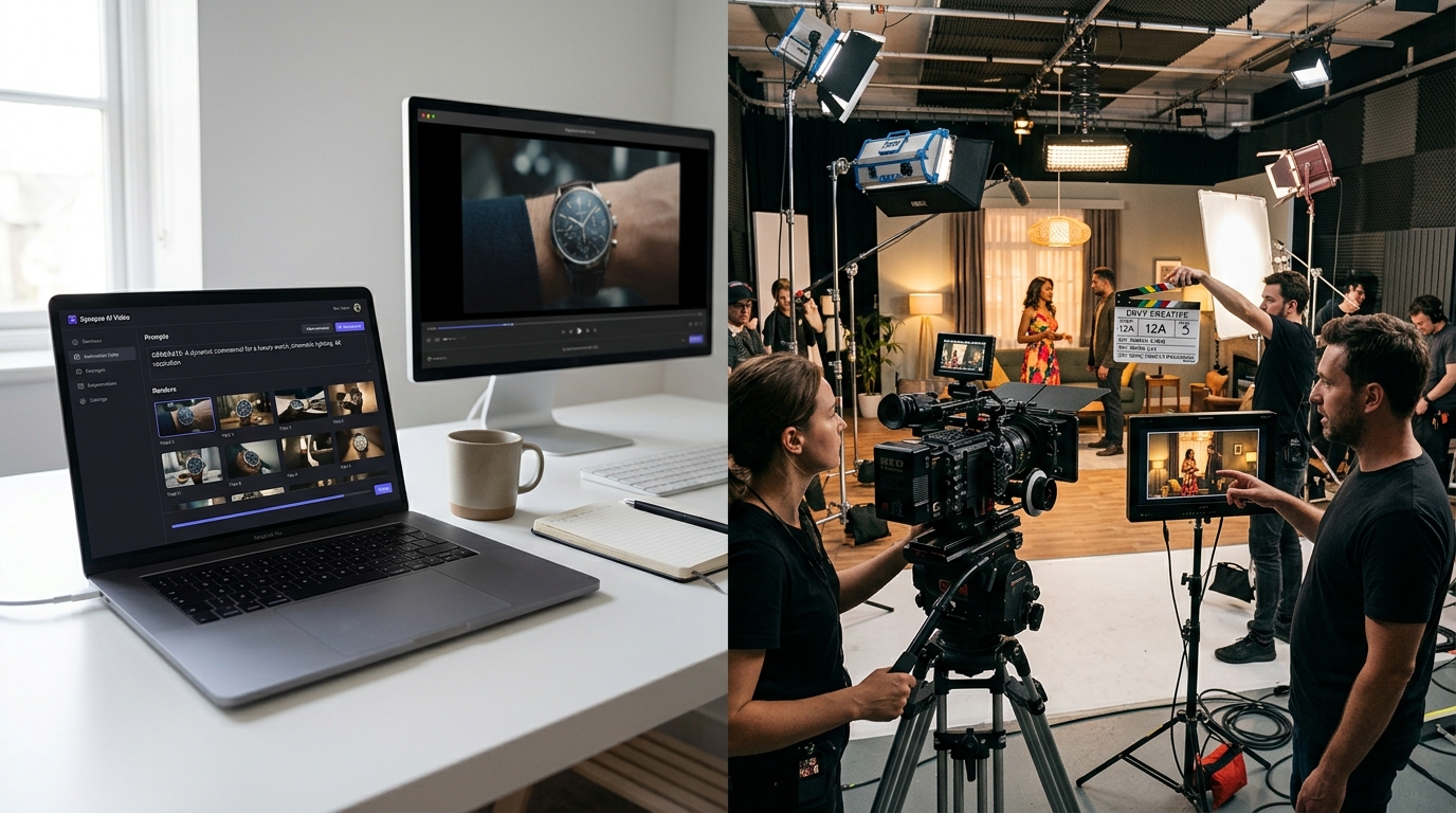 Split screen contrasting an automated AI video editing interface on a laptop with a live cinematic video production set with an Envy Creative film crew.