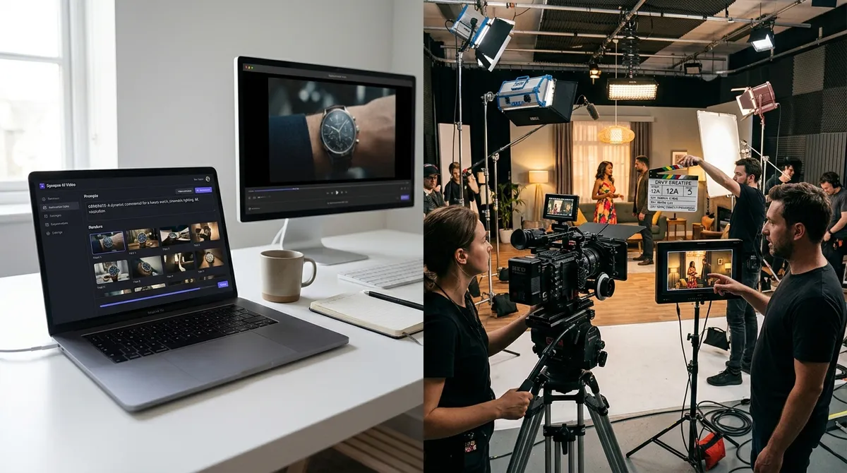 Split screen contrasting an automated AI video editing interface on a laptop with a live cinematic video production set with an Envy Creative film crew.