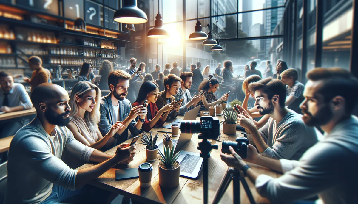 A group of people sitting at a long wooden table in a trendy cafe, each focused on their smartphones. The cafe is well-lit with large windows letting in daylight, and modern pendant lights hanging from the ceiling. A laptop and camera are also on the table, along with potted plants and coffee cups. The cafe is bustling with other patrons in the background.