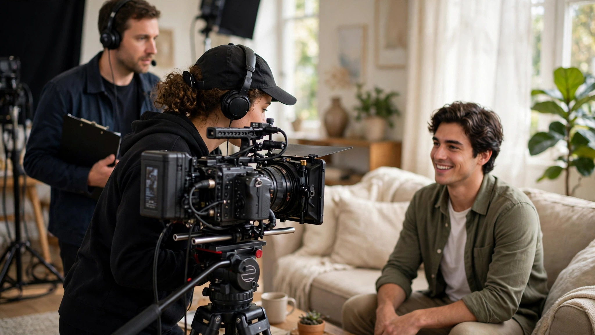 A camera crew filming a smiling actor on a bright living room set in a professional video studio.