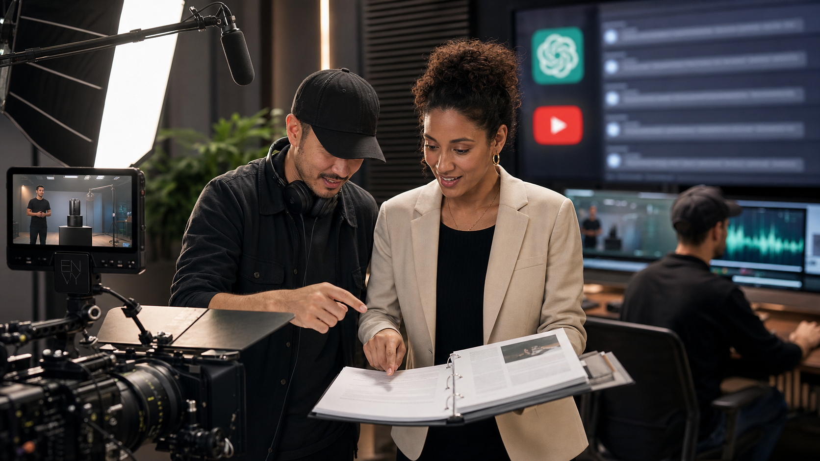 Creative director and marketing lead review a video transcript on set for ChatGPT and YouTube visibility